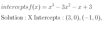 The intercepts of f(x)=x^3-3x^2-x+3 is X Intercepts: (3,0),(-1,0),(1,0),Y Intercepts: (0,3)